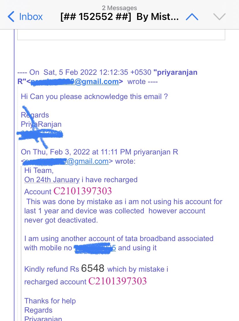 pranjan2020's tweet photo. @tataplayfiber on 24th January by mistake recharged wrong account and send email. On 5th feb after discussing with customer care. Still waiting for refund after 25-30 useless call with customer care. Who can help to resolve this on priority ? https://t.co/xdYqVdBLNA