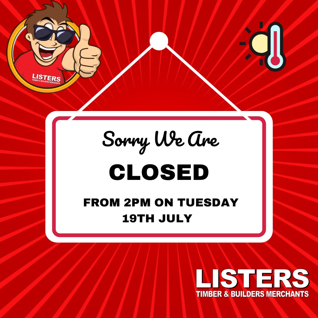 LISTERSTIMBER's tweet photo. ☀️☀️☀️ CUSTOMER NOTICE ☀️☀️☀️
We will be changing our working hours tomorrow (19th) to 8am - 2pm due to the weather forecast &amp; back to normal hours from Wednesday ☀️☀️ https://t.co/WxLG9CFGt2