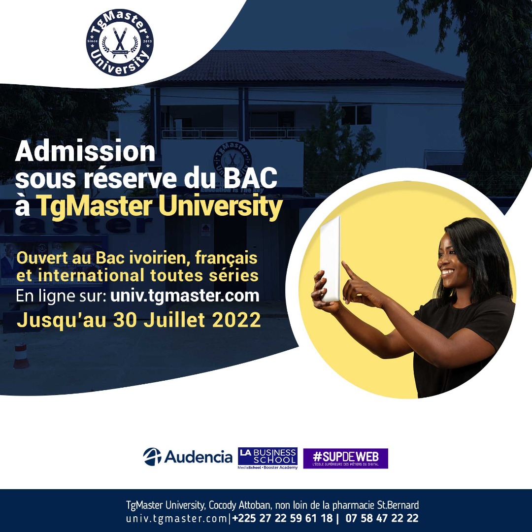 tgmcoaching's tweet photo. Jusqu'au 30 juillet, postulez à l'admission sous réserve du Bac à TgMaster University pour préparer votre double #Bachelor ivoirien et français en business management et digital management. Inscription: 👉 https://t.co/l4vsiO0GqI https://t.co/Wwwq2D4t7L