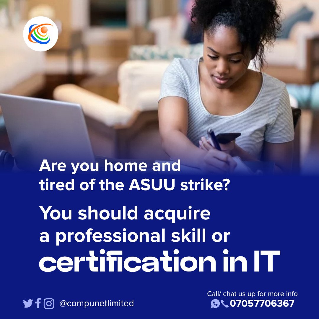 CompunetLimited's tweet photo. Are you home and tired of the ongoing ASUU strike? You should acquire a professional skill/ Certification in I.T
#businessanalyst #bcs #monday #mondaymood #l4l #mondayvibes #britishcomputersociety  #bcstutors #bcsexam #businessanalysis #canadaentry #immigration  #compunetlimited https://t.co/tKzDv2EMJs