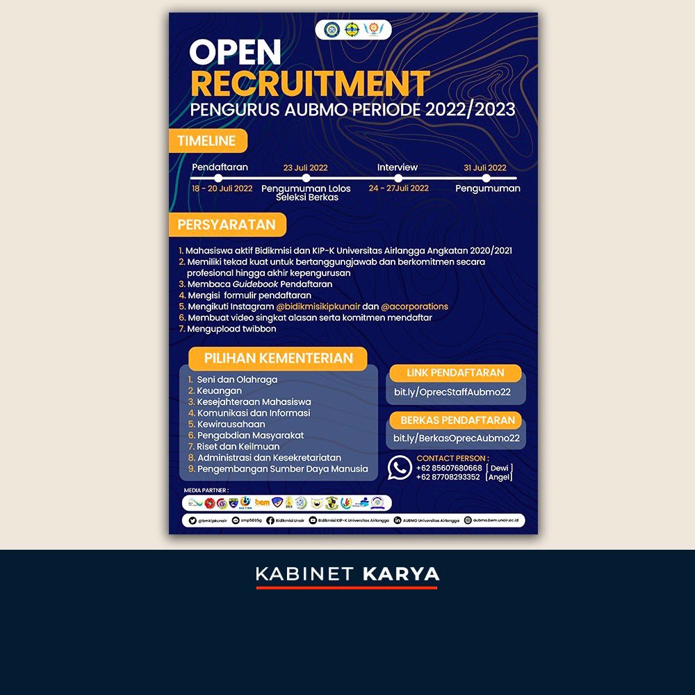 [OPEN RECRUITMENT PENGURUS AUBMO TAHUN 2022/2023]

Halo sobat KIP-K Universitas Airlangga 🙌🏻
Akhirnya yang ditunggu-tunggu telah tiba 🤩🤩

Open Recruitment Pengurus AUBMO periode 2022/2023 resmi dibuka 🆕

.

KABINET KARYA !
BERGERAK untuk BERKARYA !