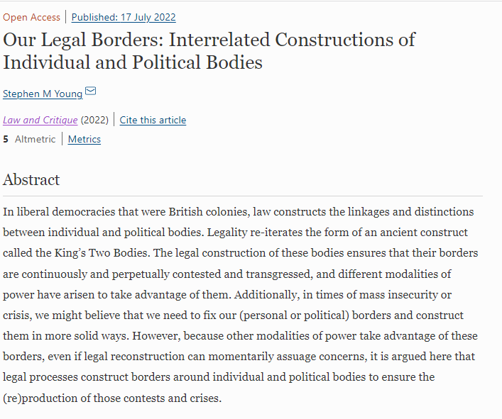 New publication and open access! 

Our Legal Borders: Interrelated Constructions of Individual and Political Bodies by Stephen Young <a href="/SteveIsInOtago/">Stephen Young</a> 

 link.springer.com/article/10.100…