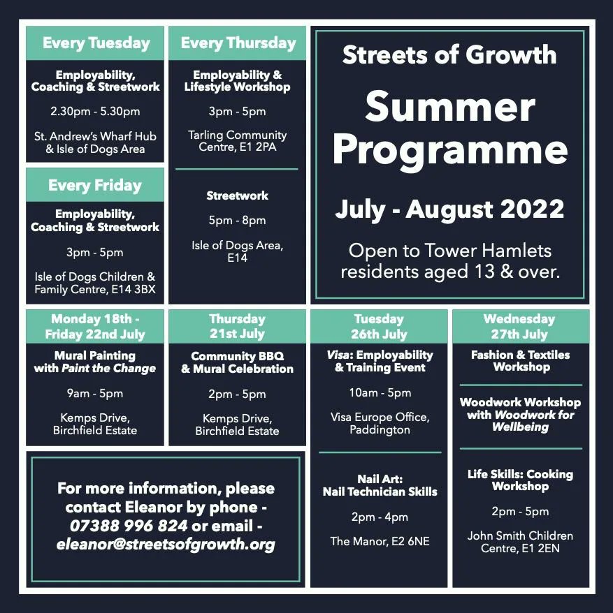 SoGrowth's tweet photo. Our Summer Programme starts this week!
We'll be delivering activities & events all over Tower Hamlets this July & August for young people & families.
Please get in contact for more information & to get involved.
#thicn #myends #myendsvru #thyouth #towerhamletsnow https://t.co/OdZlwNjBFO