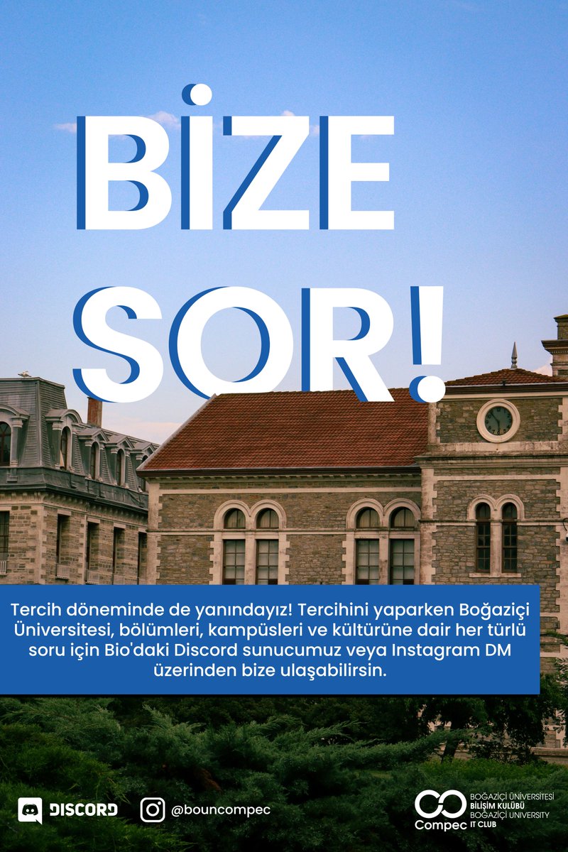 Tercih döneminde aklına takılan soruları yanıtlamak için yanındayız! Boğaziçi Üniversitesi, bölümleri, kampüsleri ve daha birçok konu hakkında sorularını yanıtlamak için seni sunucumuza ve DM'e bekliyoruz!💙 

discord.gg/TFc66G3AAV

#boğaziçiüniversitesi #ykssonucları #yks22