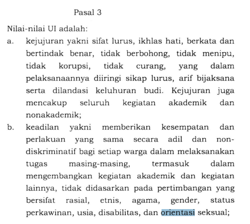 ariyasutaa's tweet photo. @faizfajriyan_ @ipb_menfess WKWKWK ini argumen macam apa, justru kita punya aturan yang 180 derajat.
PP No. 75 Tahun 2021 ttg Statuta UI Pasal 3 Huruf B
dan
TAP MWA No. 6 Tahun 2004 ttg Tata Tertib Kehidupan Kampus UI
Yak silahkan dibaca sendiri https://t.co/theHcUsGeE