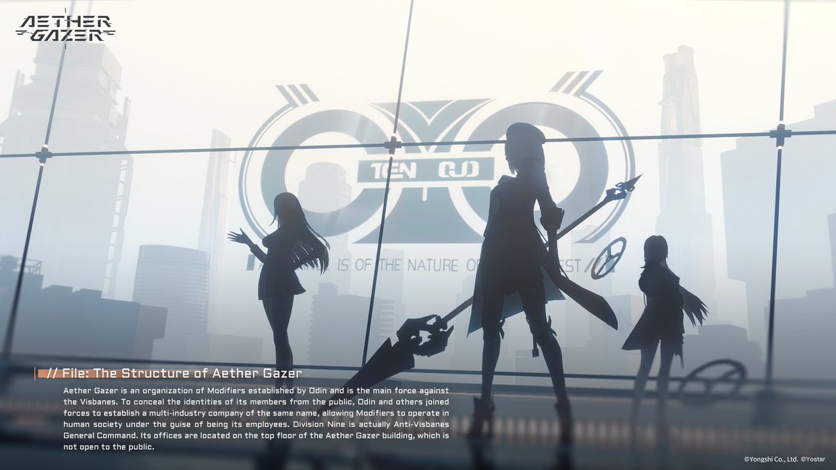 AetherGazerEN's tweet photo. [File: The Structure of Aether Gazer]

Aether Gazer is a secret organization of Modifiers and is the main force against the Visbanes. Division Nine of the Aether Gazer, actually Anti-Visbanes General Command, is not known to the public.

#AetherGazer #OldWorldFiles #Yostar https://t.co/20LJ1PpzA2