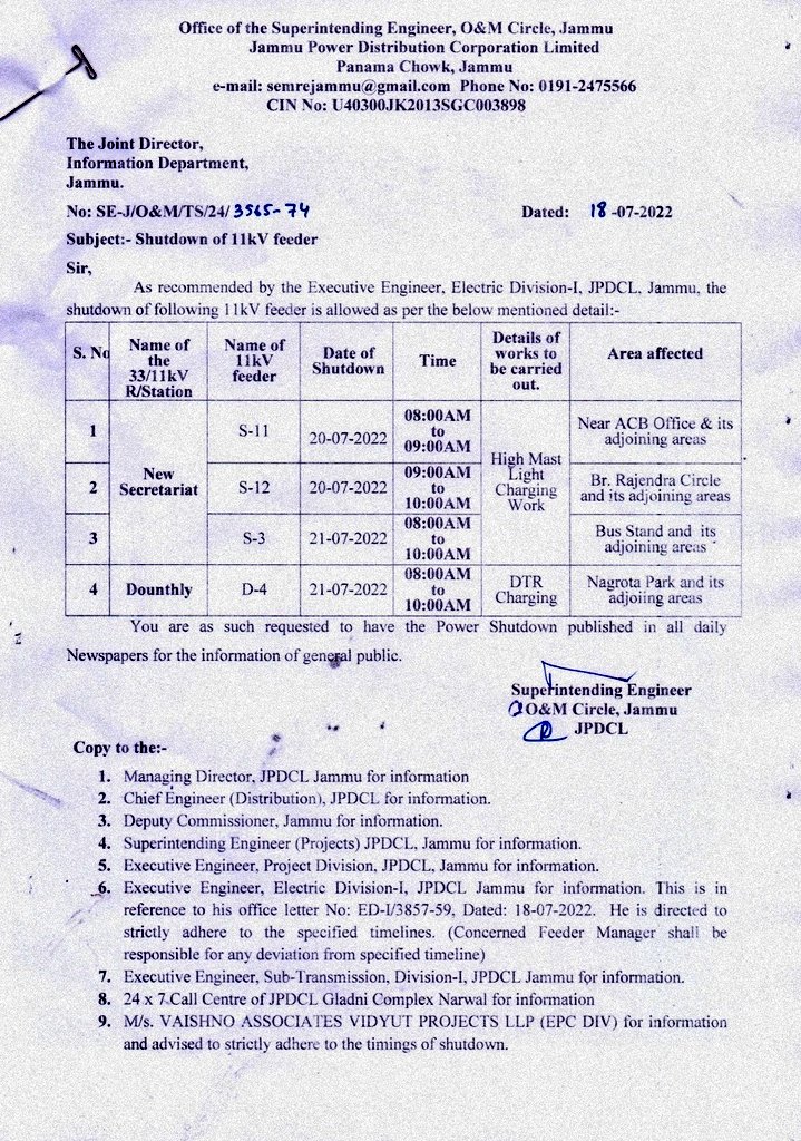 #POWER #SHUTDOWN
<a href="/pddjkofficial/">Power Development Department, J&K</a>
<a href="/diprjk/">Information & PR, J&K</a> 
@ChairmanJPDCL 
<a href="/JPDCLofficial/">Jammu Power DISCOM</a> 
<a href="/ChiefJammu/">Chief Engineer Distribution, JPDCL Jammu</a> 
<a href="/ED3JPDCL/">Electric Division-III, JPDCL</a> <a href="/IstXen/">XEN ED Ist Parade</a>
<a href="/ITJPDCL/">IT&C Division, JPDCL; J&K PDD, Jammu</a>