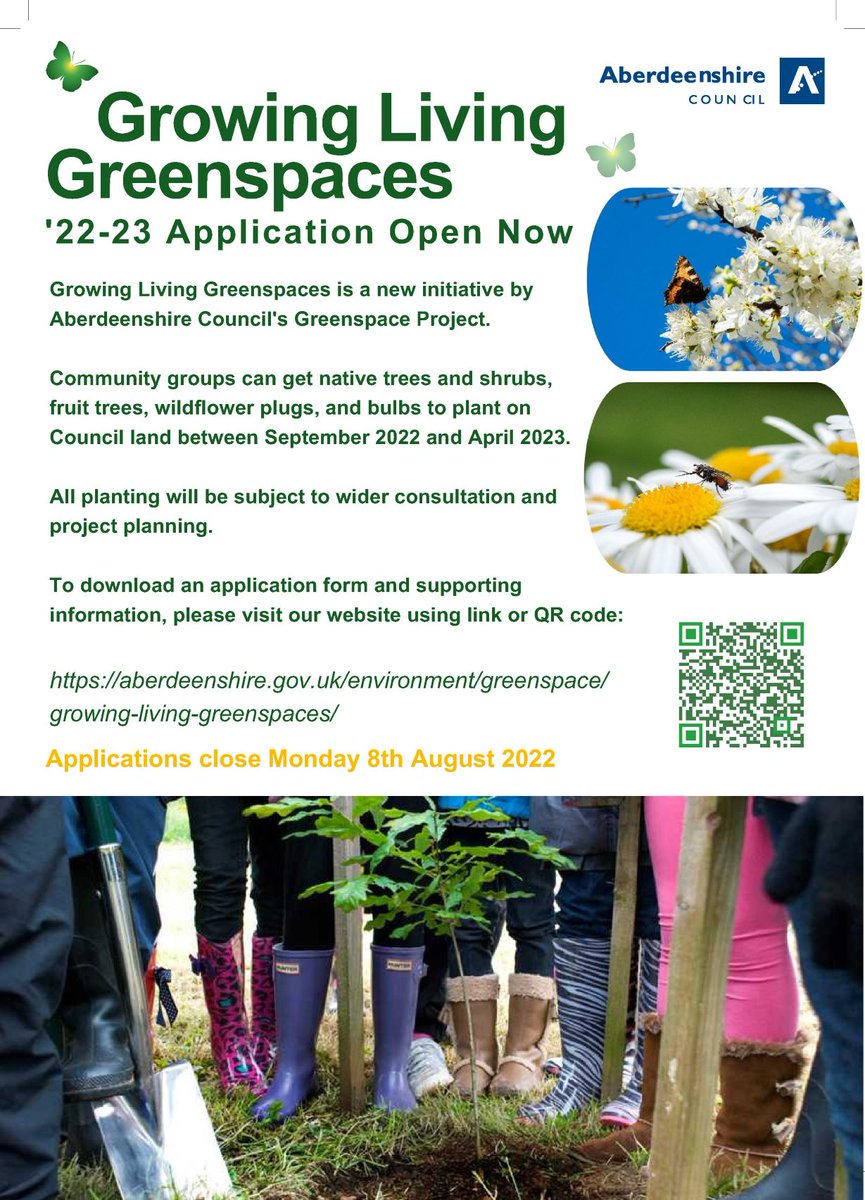 GAberdeenshire's tweet photo. Growing Living Greenspaces - applications now live for Aberdeenshire community groups to take part in planting projects. On offer are native trees, fruit trees, bulbs, and wildflower plugs to plant on council land. T&amp;Cs apply. More info &amp; application: https://t.co/XUS74A4eQY https://t.co/USMPNO3gBz