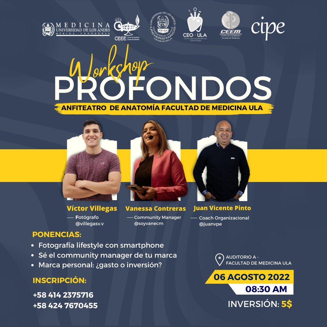 ULA_FCU's tweet photo. #18Jul #ProFondos 
¡LA ULA NOS NECESITA A TODOS! 💪🏻
Inscribete y Acompañanos en éste workshop a beneficio del Anfiteatro de Anatomía de la  #FacultadDeMedicina de la Universidad de Los Andes #ULAVenezuela https://t.co/WARhY5SbrK