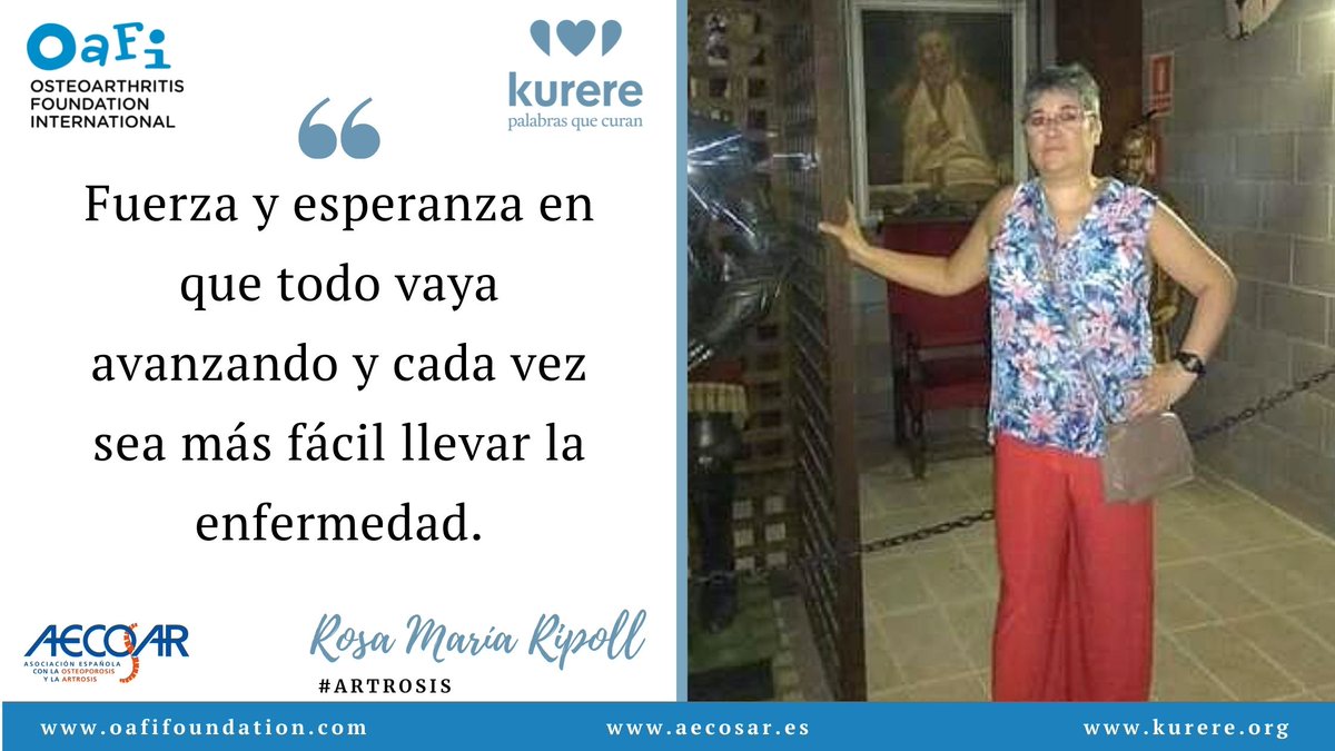 Os presentamos los primeros #testimoniosdesuperación #Artrosis #Osteoporosis <a href="/OAFIFoundation/">OAFI Foundation</a>   oafifoundation.com, aecosar.es  y #kurere
Rosa María Ripoll " Fuerza y esperanza y cada vez sea más fácil llevar laenfermedad"
kurere.org/historias/rosa…
Un abrazo