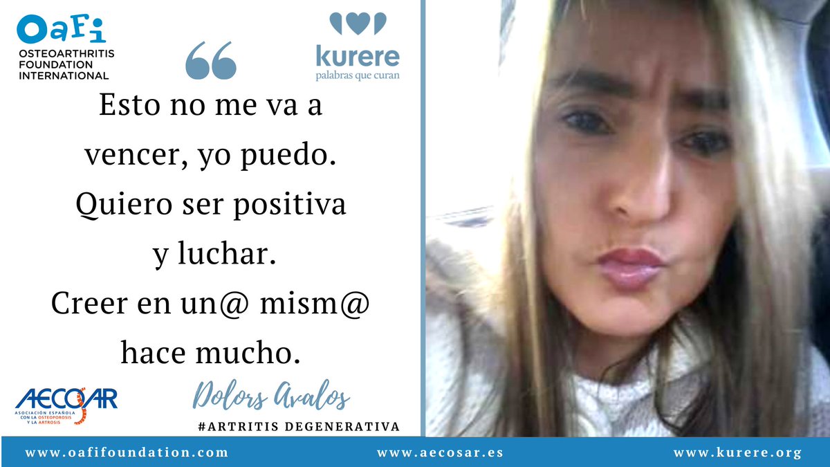Os presentamos los primeros #testimoniosdesuperación #Artrosis #Osteoporosis <a href="/OAFIFoundation/">OAFI Foundation</a>  oafifoundation.com, aecosar.es  y #kurere
Dolors Avalos "Esto no me va a vencer, yo puedo. Quiero ser positiva  y luchar"kurere.org/historias/dolo…
Un abrazo