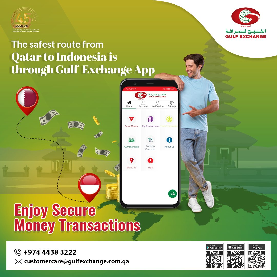 Send money to Indonesia easily and securely through Gulf Exchange App.
#GulfExchange #Qatar #Indonesia #SendMoneyAbroad #SendMoney #SecureMoneyTransfer #MoneyTransferService #MoneyTransfer