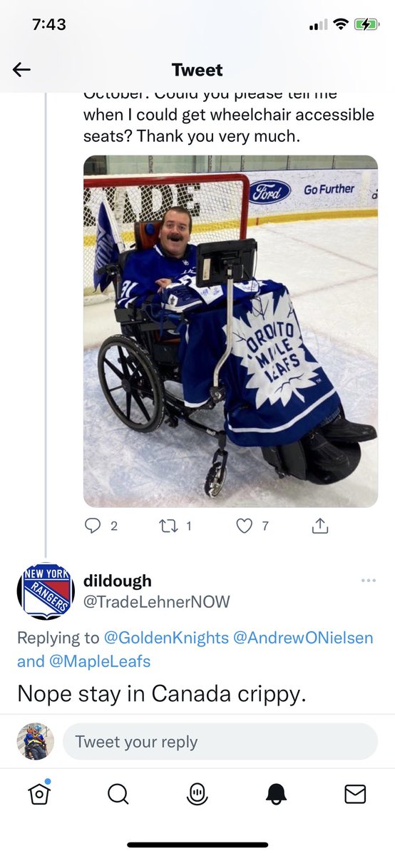 AndrewONielsen's tweet photo. I reached out to the @GoldenKnights about ♿️ seating tickets for a game against the @MapleLeafs. 

I was attacked using a derogatory term. I reported it to @TwitterSupport. They just told me it didn’t violate their rules.

It does. It’s offensive. Read your own rules @Twitter. 🧐 https://t.co/ylgE7Hp38I