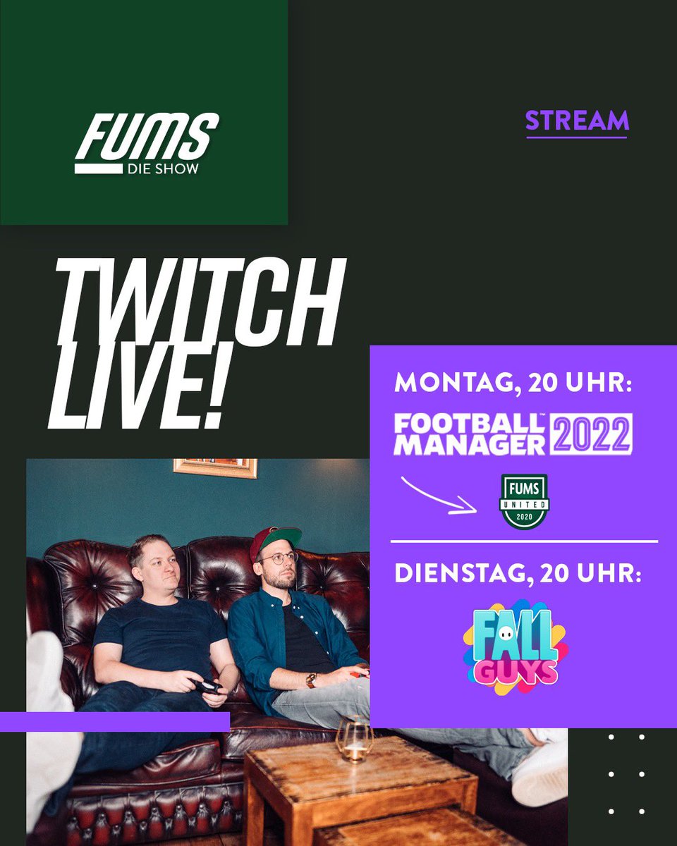 FUMS_DIESHOW's tweet photo. Seid ihr ready für zwei Tage #STREAM? Heute geht’s weiter mit unserem #FM22-Projekt mit @fumsunited und morgen starten wir ein #FALLGUYS-Turnier. Nähere Infos folgen 🙌 #FUMSDIESHOW https://t.co/4uZ9TLhV2J