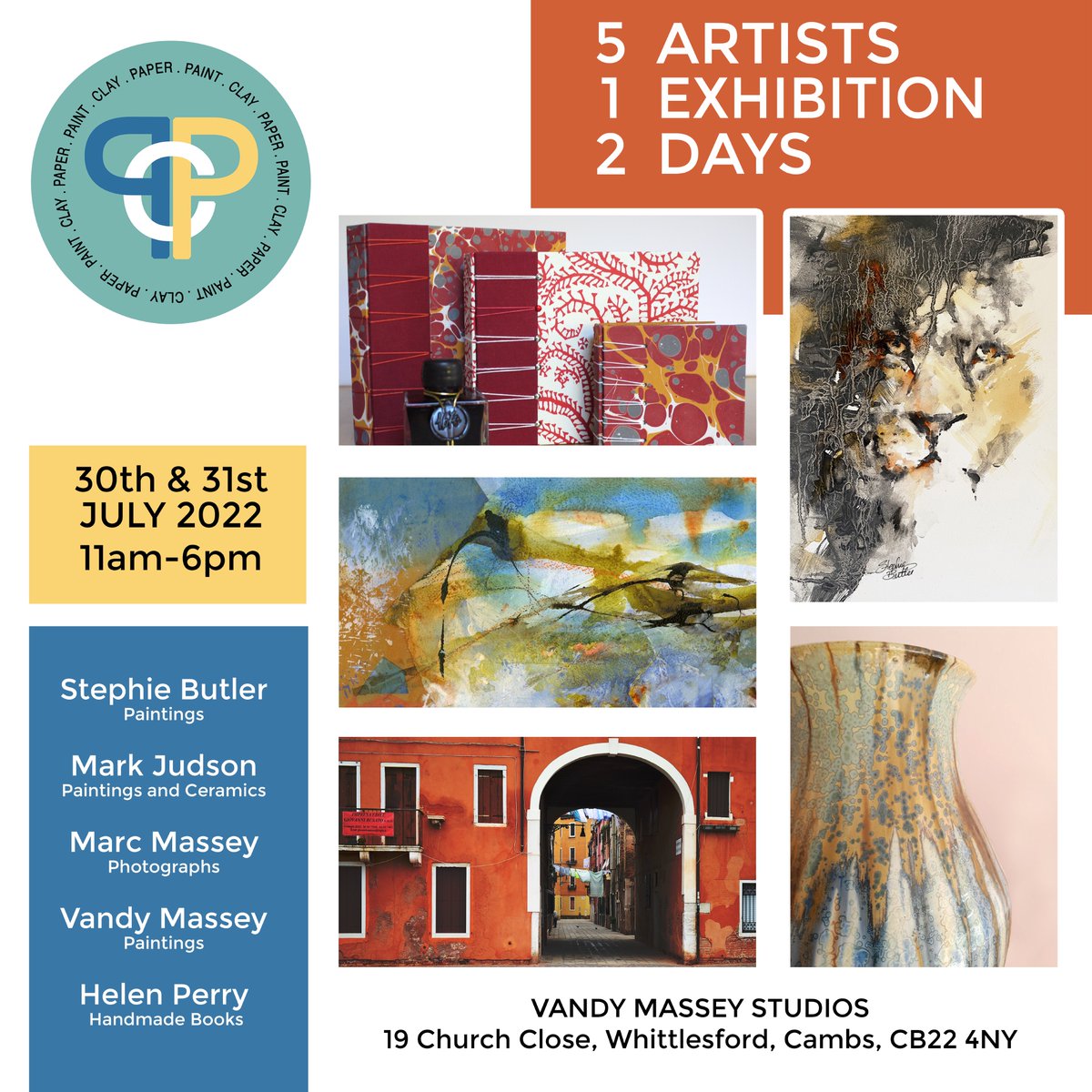 StephieButler's tweet image. 5 ARTIST
1 EXHIBITION
2 DAYS
July 30th and 31st
11am to 6pm
Mark Judson - #ceramics &amp;amp; #paintings
Vandy Massey - #paintings
Stephie butler - #paintings
Helen Perry - #handmadebooks
Marc Massey - #photography.
Venue is listed on the poster image or DM me for details.