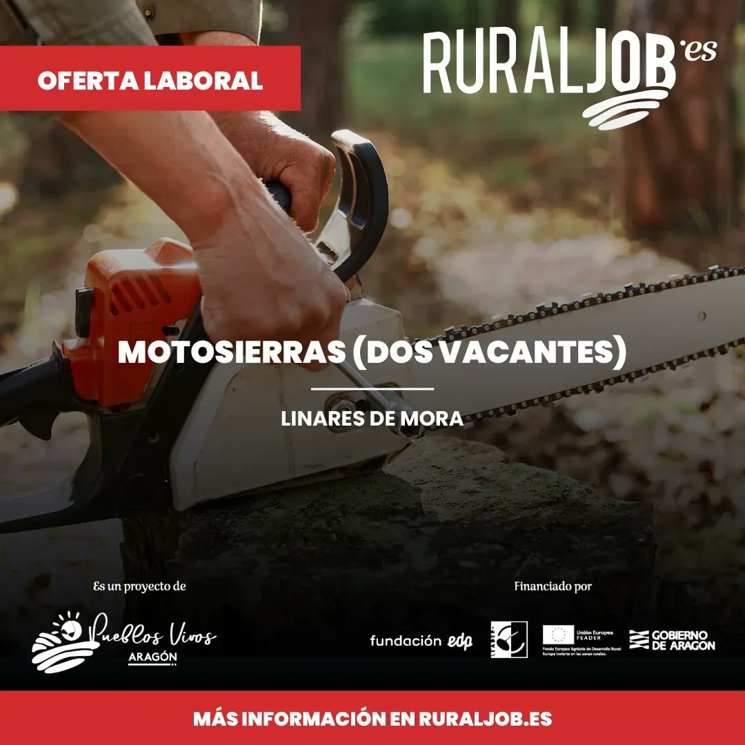 ruraljobES's tweet photo. 🔝 OFERTA LABORAL 🔝
✅ MOTOSIERRAS (DOS VACANTES)
✅ Misión del Puesto: Corte de madera con motosierra, mantenimiento de la maquinaria.
✅ Dónde: Linares de Mora, Gúdar-Javalambre, Teruel.

Más información en: 
https://t.co/iCtZhplApD https://t.co/aH7MuXMSeI