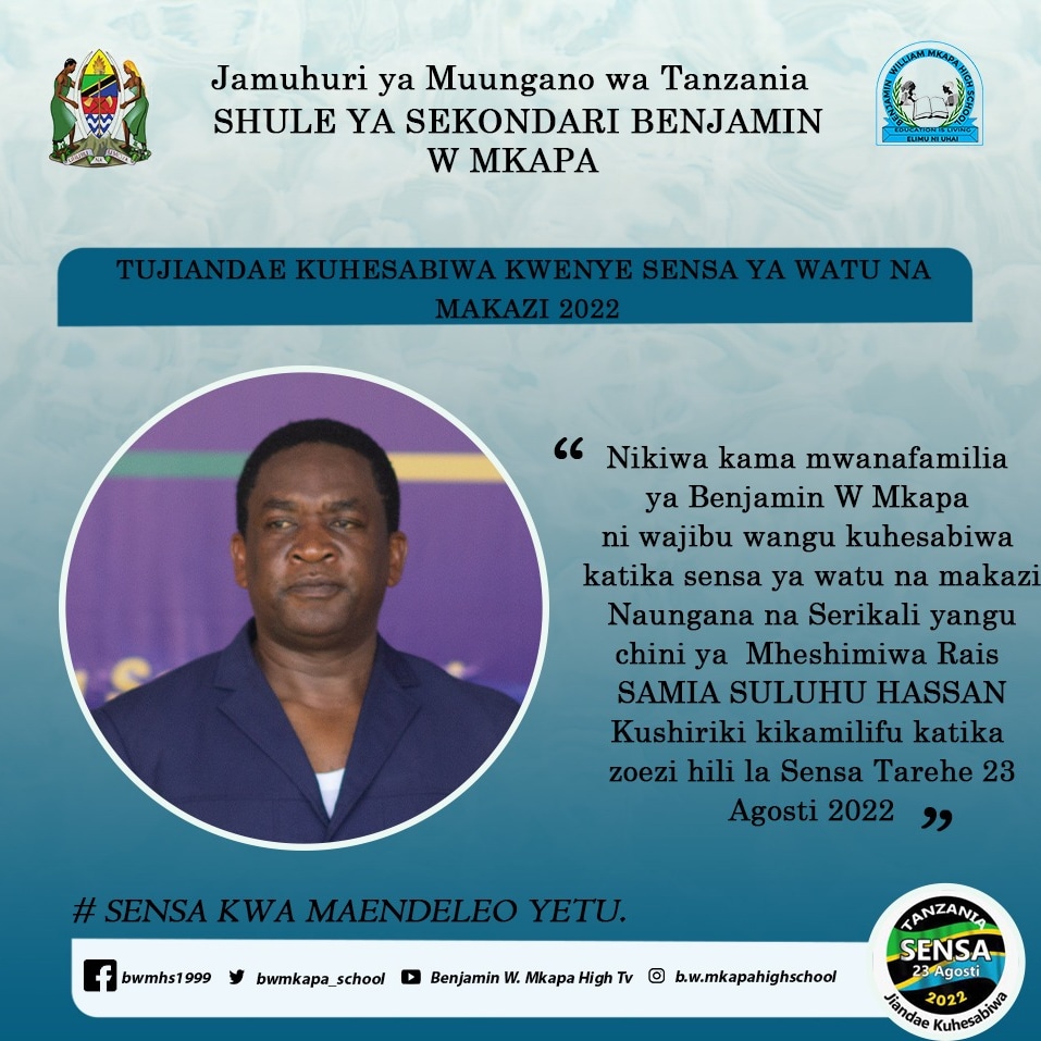 BWMkapa_school's tweet photo. Sensa kwa maendeleo yetu
@ortamisemi
@wizara_elimutanzania
@taasisiyaelimu
Graphics by @patrick_digitals
#Sensa2022 #bwmhs #educationisliving https://t.co/7yDLMGmqSB