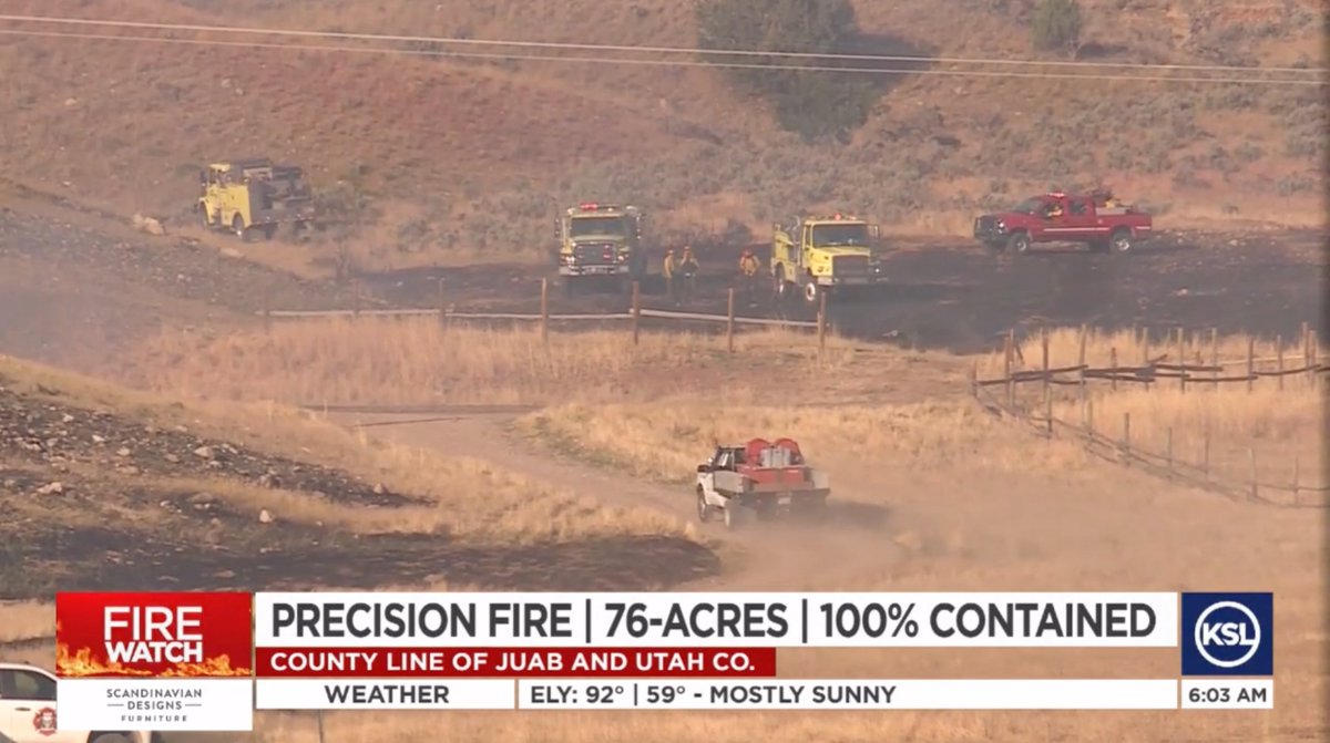 KSL5TV's tweet photo. Crews gained the upper hand on some new wildfires over the weekend.
The #PrecisionFire near Santaquin is now 100% contained and burned just over 76 acres. #KSLTV https://t.co/hcvVHP4eA4