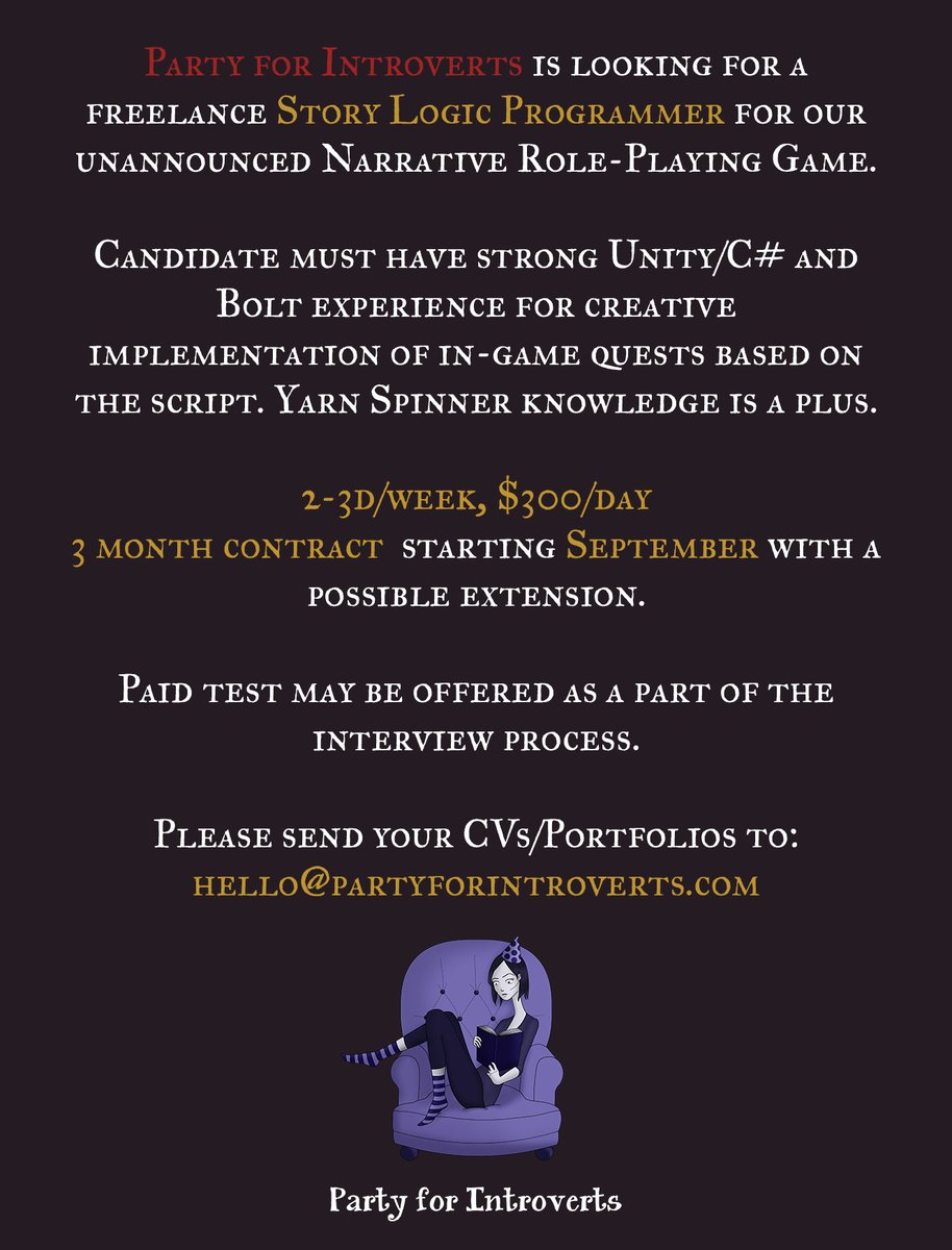 PIntroverts's tweet photo. We are looking for a freelance Story Logic Programmer! Must start in September. See details below and send us your CV/Portfolio. #programmer #unity3d #yarnspinner #gamejobs https://t.co/NI1O9z00IV