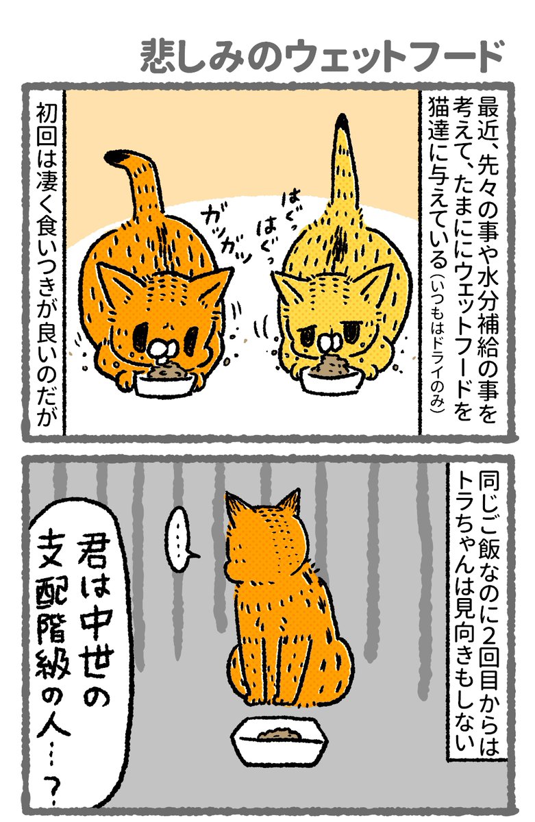 【ちょっと前の漫画】悲しみのウェットフード
こうなった後は冷やしても温めても食べないので
もっと少量のお試しサイズを売って欲しいと常々思うんですよね…。

#猫のいる暮らし 
#漫画が読めるハッシュタグ 