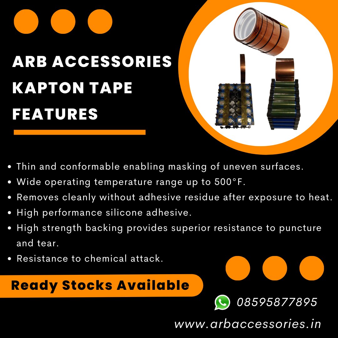 arb_ltd's tweet photo. KAPTON TAPE FEATURES
Multi purpose #KaptonTape is the recommended choice for applications that require an all #polyimidefilm with an excellent balance of properties over a wide range of #temperatures.
 #lithium #batteryrawmaterials #insulation #safetytape #arb #arbaccessories https://t.co/k3ep6MaJUQ