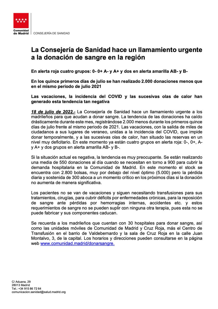 SaludMadrid's tweet image. 🩸 La @ComunidadMadrid hace un llamamiento urgente a los madrileños para que acudan a donar sangre.

🔴 Cuatro grupos en alerta roja: 0-, 0+, A- y A+
🟡 Dos grupos en alerta amarilla: AB- y B-

+Info: c.madrid/3IO3fp7