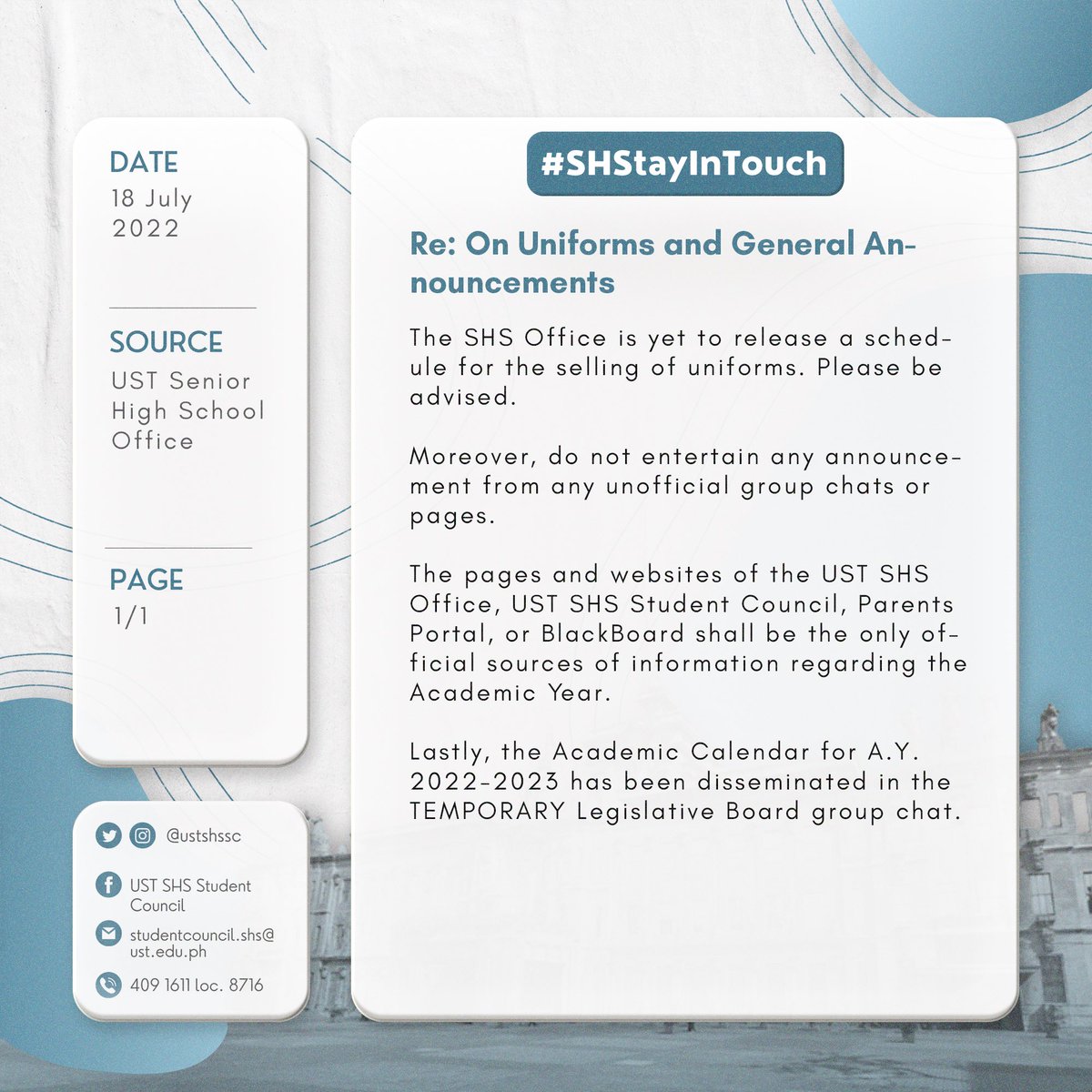 ustshssc's tweet photo. Re: On Uniforms and General Announcements
Please be guided accordingly.
#SHStayInTouch https://t.co/XZBHGu8Pef