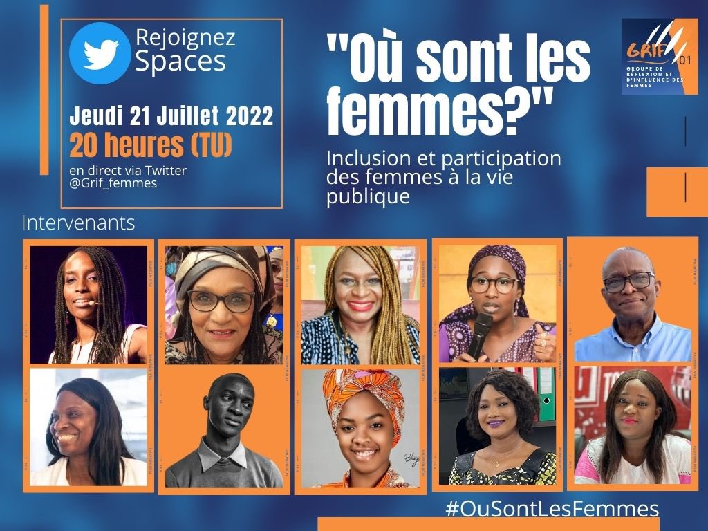 Ce JEUDI 21 Juillet: Une session inédite via <a href="/Spaces/">spaces</a> sur le thème: “#OuSontLesFemmes?” Inclusion &amp; Participation des femmes à la vie publique 

<a href="/OuessouDIABY/">Ouessou DIABY</a> <a href="/sow_billy/">Sow Aissatou Billy</a> <a href="/sbskalan/">Sally Bilaly SOW ™ 🇬🇳</a> <a href="/MariamTendou/">Mariam Tendou</a> <a href="/FatouSouareHann/">Fatou SOUARE</a> <a href="/Kadiatoukonate9/">Kadiatou Konate</a> <a href="/MafoudiaB/">Mafoudia Bangoura</a> <a href="/blemoul/">Lucien BLEMOU</a> @FatouLettres <a href="/GuineeBuzz/">Guinee Buzz</a> <a href="/kipe76/">🇬🇳🇬🇧 Alhoussein Fadiga #Peace&Love</a>