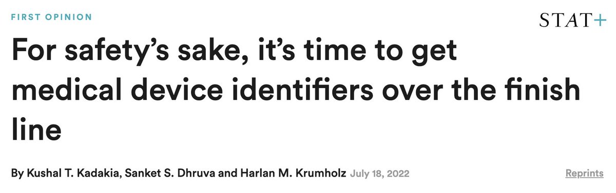 Today in <a href="/STATNews/">STAT</a> -- <a href="/hmkyale/">Harlan Krumholz</a>, Sanket Dhruva, and I call for the National Committee on Vital and Health Statistics (NCVHS) to endorse the addition of device identifiers to claims forms to advance medical device safety. Thread👇🏾(1/7)