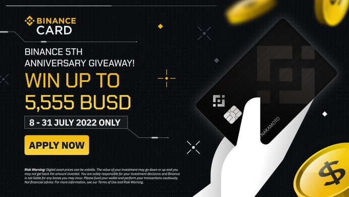 The BinanceTurns5 celebrations continue! 
We're giving new and existing Binance Card users the opportunity to share up to 5,555 BUSD
Don't miss out