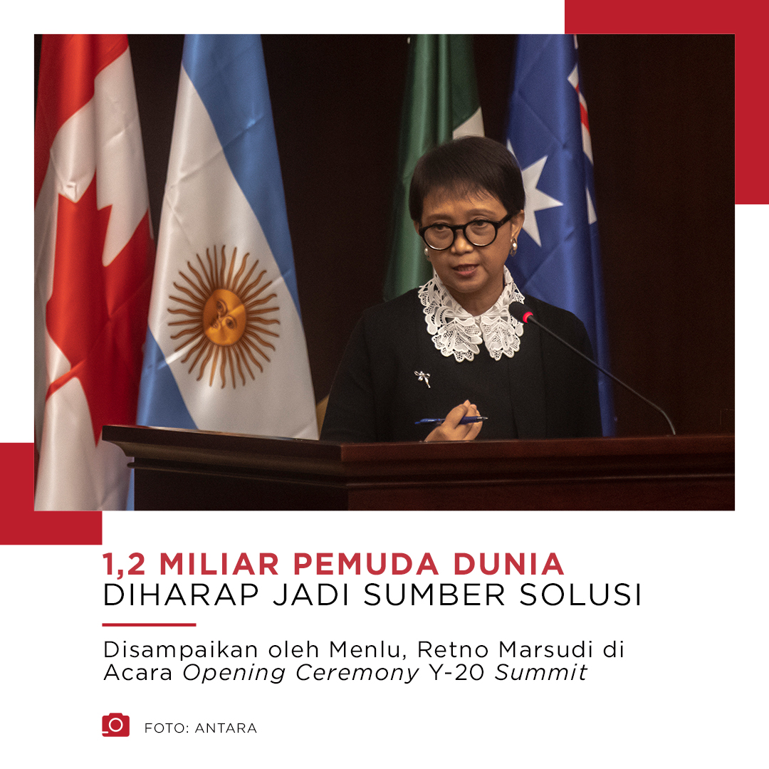 Beritasatu's tweet photo. Menlu Retno Marsudi berharap 1,2 miliar pemuda dunia menjadi sumber solusi atas berbagai tantangan global saat ini. Hal ini disampaikan Retno dalam sambutannya di acara opening ceremony Y-20 Summit.

#Y20Indonesia2022 #Y20Summit2022 #Y20 #KTTY20  #FotoCaption #BeritaSatu #Ads https://t.co/nIXeHg3Gr2