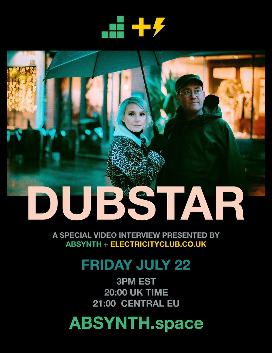 ABSYNTH + <a href="/ElectricityClub/">ELECTRICITYCLUB.CO.UK</a> interview indie pop legends and icons, <a href="/dubstarUK/">Dubstar</a>!

FRI JULY 22
3PM EST
20H UK Time
21H Central EU

Absynth YouTube World Premiere:
youtu.be/x9B8WL39i1M
or Absynth.space

Hosted by <a href="/ElectrodromeFM/">Jake Griffiths</a> <a href="/CZARINAnyc/">C Z A R I N A</a> with Chi Ming Lai

#dubstar