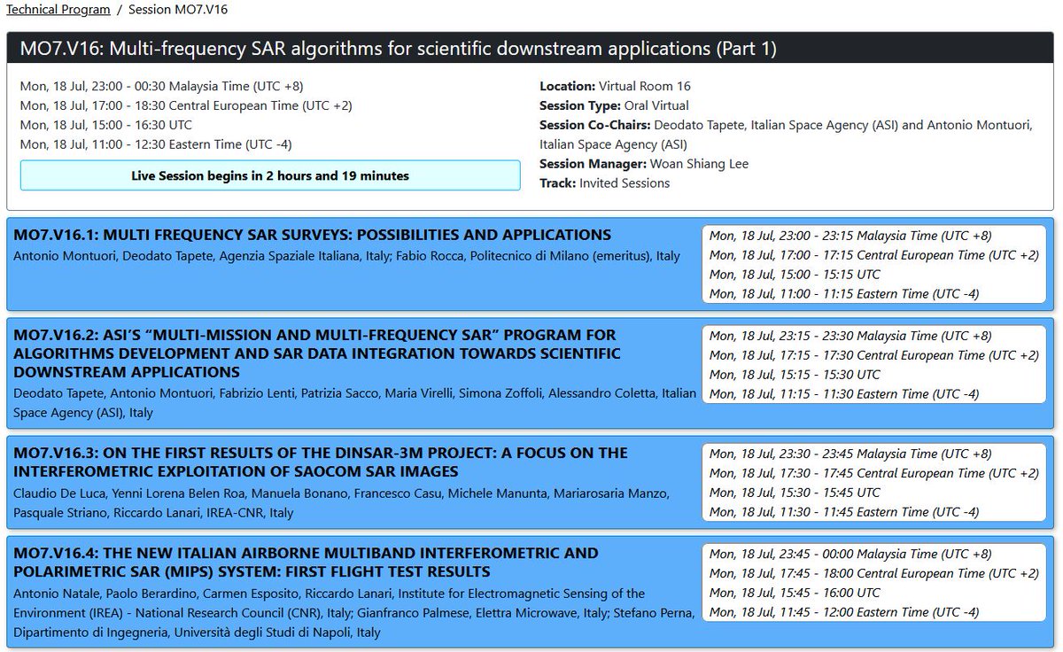Deodato Tapete (@deodatotapete) on Twitter photo In 2 hours we'll start 4 days of <a href="/ASI_spazio/">Agenzia Spaziale ITA</a> invited sessions at <a href="/IEEE_GRSS/">IEEE Geoscience and Remote Sensing Society</a> #IGARSS2022 <a href="/igarss2022/">IGARSS 2022</a>
1st session to go
MO7.V16: Multi-frequency #SAR #algorithms for scientific #downstream applications (Part 1)
on 🛰️#radar data for #naturalhazards & #cryosphere
1/6 In 2 hours we'll start 4 days of <a href="/ASI_spazio/">Agenzia Spaziale ITA</a> invited sessions at <a href="/IEEE_GRSS/">IEEE Geoscience and Remote Sensing Society</a> #IGARSS2022 <a href="/igarss2022/">IGARSS 2022</a>
1st session to go
MO7.V16: Multi-frequency #SAR #algorithms for scientific #downstream applications (Part 1)
on 🛰️#radar data for #naturalhazards & #cryosphere
1/6
