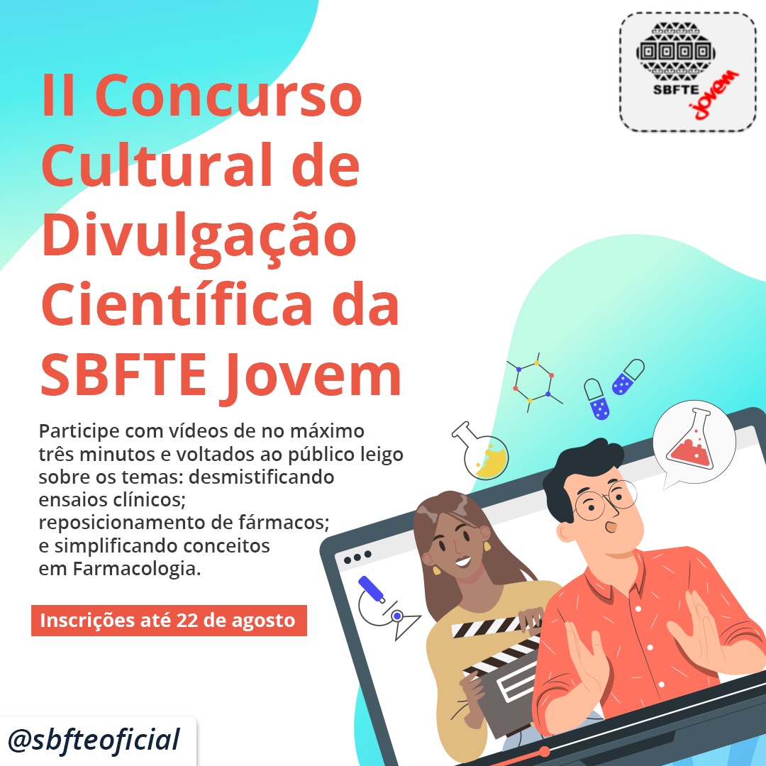 Estão abertas as inscrições, até o dia 22 de agosto, para a segunda edição do Concurso Cultural de Divulgação Científica da SBFTE Jovem.
Saiba mais em: bit.ly/sbfteeditalcul…