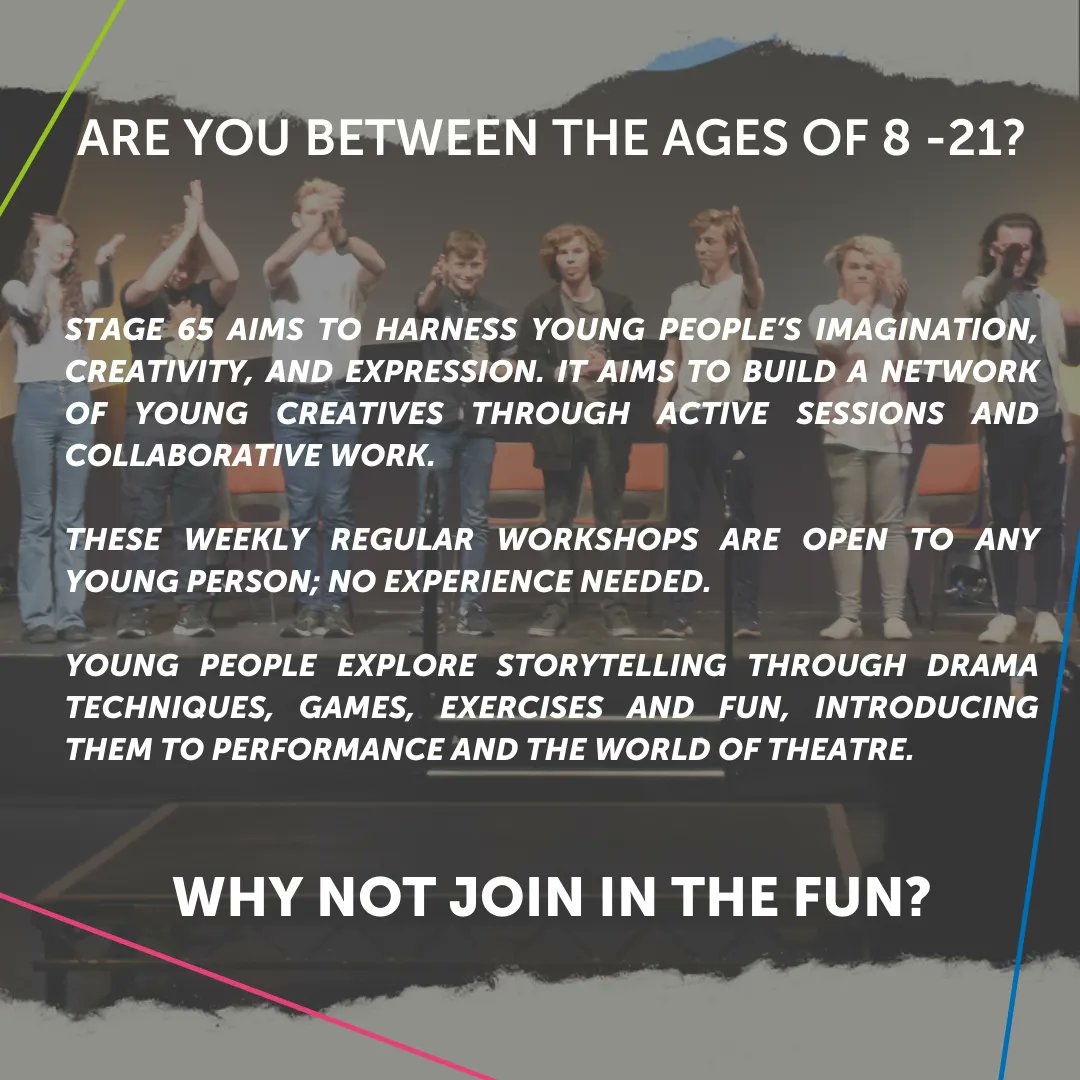 ✨ GET INVOLVED WITH STAGE 65 YOUTH THEATRE ✨ Our Stage 65 Youth Theatre is an incredible network of young performers aged 4-21 who meet weekly. These sessions are open to ANY YOUNG PERSON; NO EXPERIENCE NEEDED! 
For more info, head to: buff.ly/3NWwOG5 🎭