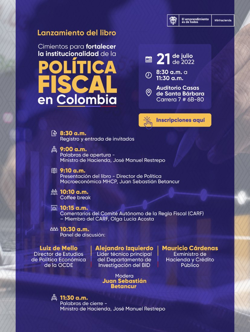 Juan Sebastian Betancur (@juansbetancur) on Twitter photo Lanzaremos el libro sobre el trabajo técnico que cimentó la reforma a la regla fiscal colombiana. Panel de lujo con <a href="/AIzquierdoIDB/">Alejandro Izquierdo</a> <a href="/Luizdemello2/">Luiz de Mello</a> <a href="/MauricioCard/">Mauricio Cárdenas S.</a>, intervención de <a href="/olgalucia_n/">Olga Lucia Acosta N</a> y palabras de apertura de <a href="/jrestrp/">José Manuel Restrepo Abondano</a>. Los esperamos! Lanzaremos el libro sobre el trabajo técnico que cimentó la reforma a la regla fiscal colombiana. Panel de lujo con <a href="/AIzquierdoIDB/">Alejandro Izquierdo</a> <a href="/Luizdemello2/">Luiz de Mello</a> <a href="/MauricioCard/">Mauricio Cárdenas S.</a>, intervención de <a href="/olgalucia_n/">Olga Lucia Acosta N</a> y palabras de apertura de <a href="/jrestrp/">José Manuel Restrepo Abondano</a>. Los esperamos!