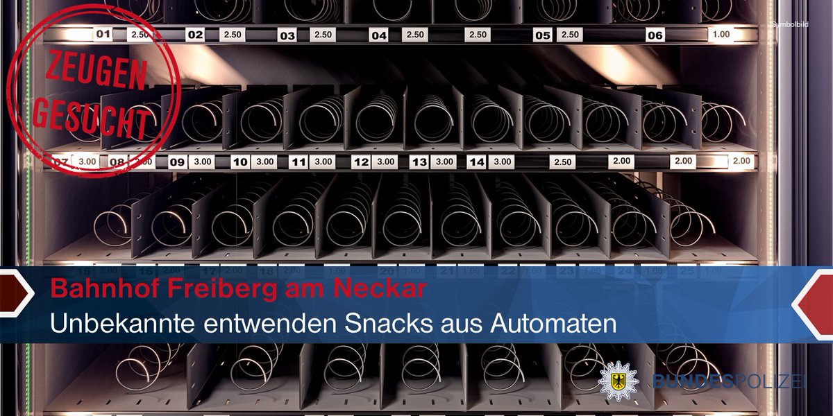 bpol_bw's tweet photo. #Zeugen gesucht! ⚠️
4️⃣ Unbekannte rüttelten am vergangenen Samstagabend (16.07.22) an einem Snackautomaten am Bf #FreibergamNeckar & entwendeten mehrere Gegenstände. 👉 Ermittlungsverfahren eingeleitet.
Personenbeschreibung & mehr ℹ️ ▶️ https://t.co/FZ5vyTv0iS https://t.co/LXEGXipOBI
