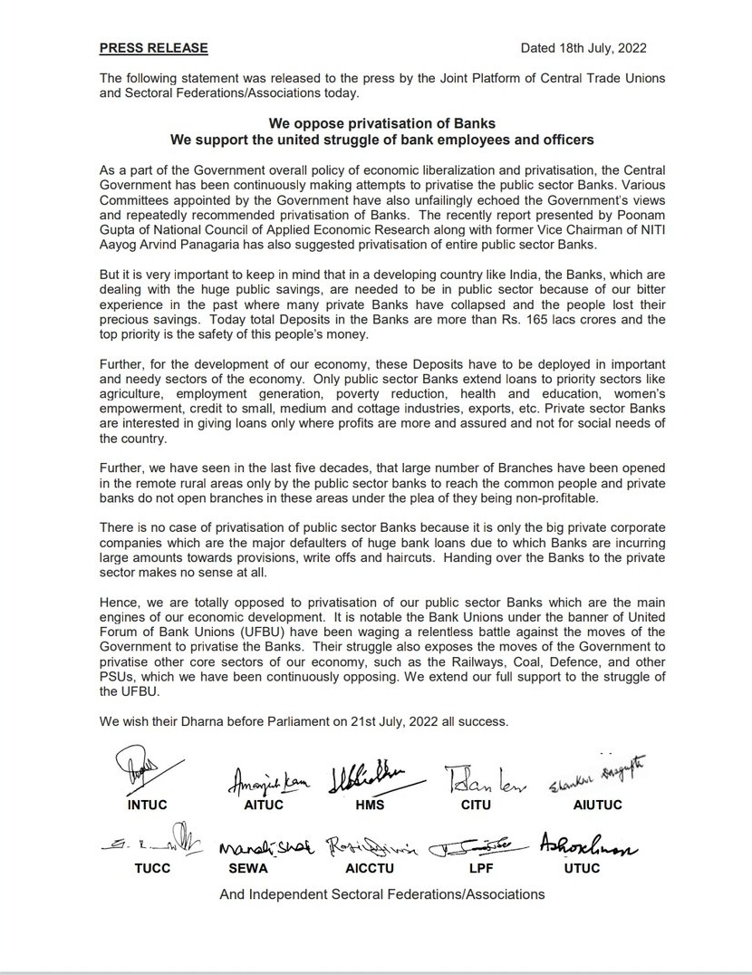 alashshukla's tweet photo. Statement from Central Trade Union on recent news of #BankPrivatisation and UFBU's call of Dharna before Parliament.

#SayNoToPrivatisation https://t.co/YA54AIOdze