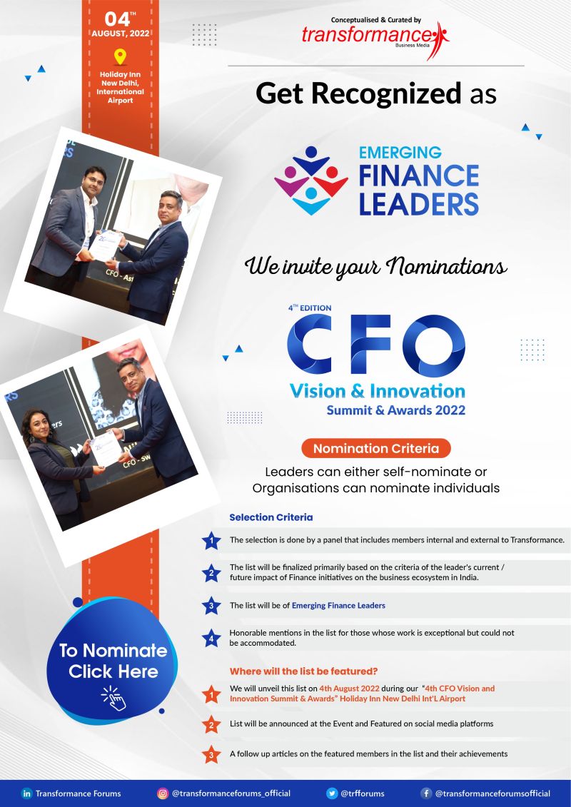 trfforums's tweet image. Get Recognised as One of the &quot;Emerging Finance Leaders&quot;
We Invite Your Nomination

At 4th Edition CFO Vision &amp;amp; Innovation Summit &amp;amp; Awards 2022

Register Now!
lnkd.in/dc5j_BaK

 #corporateinnovation #transformanceforums #winnermindset #achiever #Leadership #Leaders  #leader