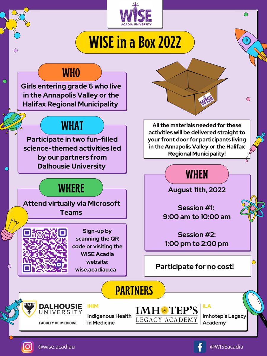 VRHFoundation's tweet photo. Women in Science and Engineering at Acadia have teamed up Dalhousie Faculty of Medicine & Imhotep’s Legacy Academy to bring grade 6 girls in the #AnnapolisValley two virtual science experiences!
Sign up using the link below.
#CommunityIsOurFoundation https://t.co/nNSW6bniZ7