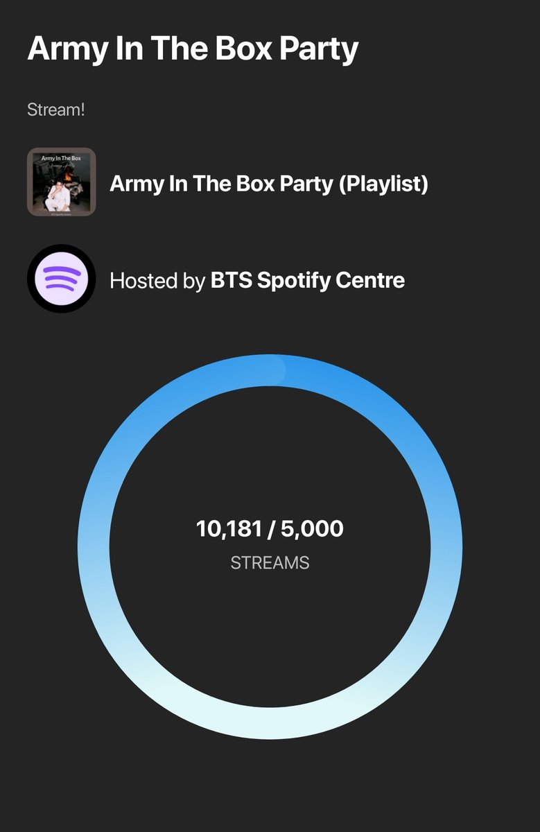 btspotifycentre's tweet photo. 10K streams for #ArmyInTheBox LETS GO! How about we try and reach 15k before the party ends 👀

🔗: https://t.co/fm7K5XOaZh https://t.co/dlvMFt42Zn