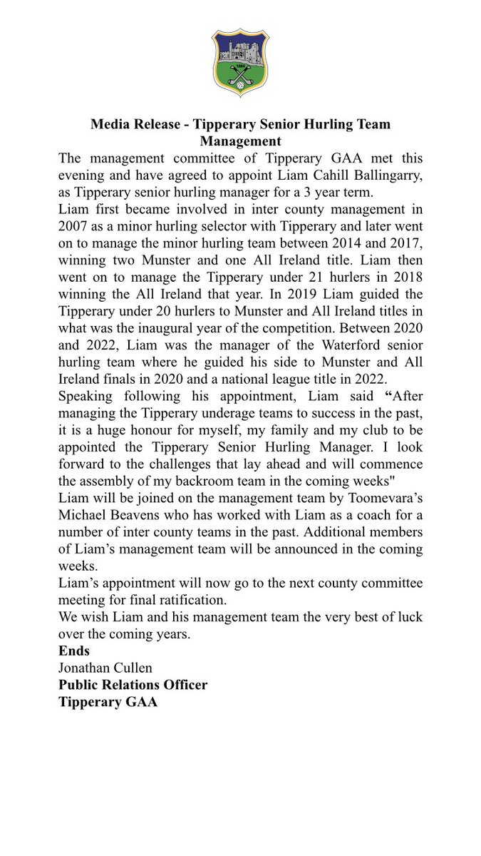 Media Release - Tipperary Senior Hurling Team Management