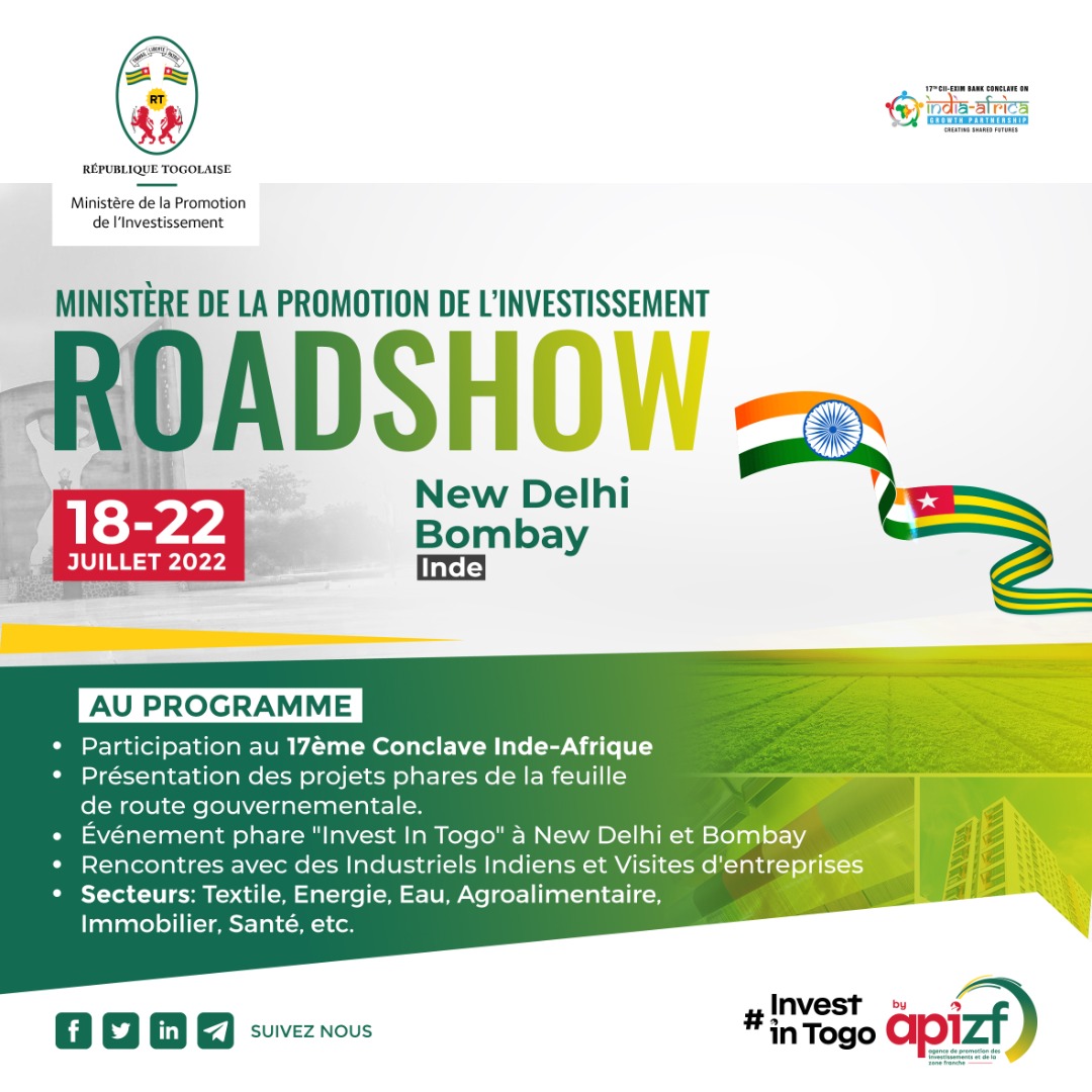 #PromoInvestTg #Denyigban #ConclaveIndeAfrique #RoadshowInde
Le Ministère de la Promotion et de l'Investissement organise, en marge du Conclave Inde-Afrique, un ROADSHOW qui a débuté ce 18 juillet et prendra fin le 22 juillet 2022.  
<a href="/CommunicationTg/">Ministère de la Communication</a> <a href="/CommercegouvTg/">Ministère du Commerce - TOGO</a>