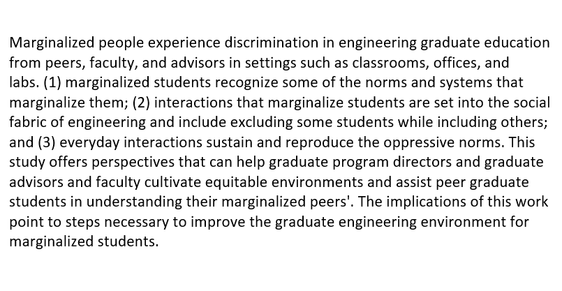 Studies in Engineering Education (@journal_see) on Twitter photo New SEE publication! work from Dr. Matthew Bahnson (<a href="/BahnsonMatthew/">Matthew Bahnson</a>), Derrick Satterfield (<a href="/dsatterfieldunr/">Derrick Satterfield</a>), Dr. Mary Wyer, Dr. Adam Kirn (@akirn1)
Interacting with Ruling Relations: Engineering Graduate Student Experiences of Discrimination
Link:
seejournal.org/articles/10.21… New SEE publication! work from Dr. Matthew Bahnson (<a href="/BahnsonMatthew/">Matthew Bahnson</a>), Derrick Satterfield (<a href="/dsatterfieldunr/">Derrick Satterfield</a>), Dr. Mary Wyer, Dr. Adam Kirn (@akirn1)
Interacting with Ruling Relations: Engineering Graduate Student Experiences of Discrimination
Link:
seejournal.org/articles/10.21…
