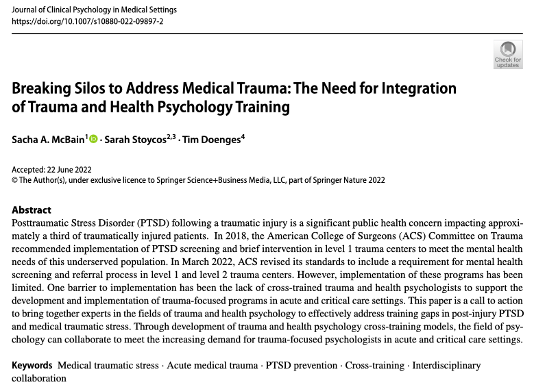 sachamcbainphd's tweet photo. New paper alert! @dr_sarahs, Dr. Tim Doenges of 
@UCCSResilience &amp; I state our case for the need for trauma + health psychology cross-training to meet the needs of traumatically injured patients across the continuum of care. https://t.co/l6O5jjE2XN https://t.co/vbMIpLHQAY