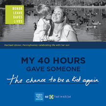 NMDP_advocacy's tweet photo. Rachael donated blood stem cells to a little boy she’d never met. It saved his life. She was fortunate to have a workplace that supported her donation. Many donors aren’t as lucky. The Life Saving Leave Act will make it easier to donate. #DonorLeaveSavesLives https://t.co/phRebxZcjO