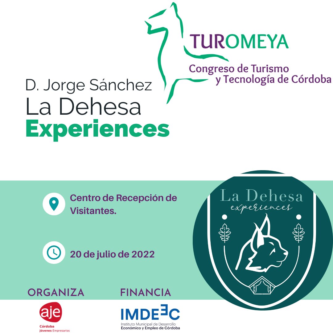🟢Ponentes del Congreso #TurOmeya 
Contaremos como participante a Jorge Sánchez Co fundador  La Dehesa Experiences Alojamientos íntimos y únicos, cuidados al detalle y con todas las comodidades de un hotel
Sólo quedan dos días!!
#TurOmeya2022  #somosAJE 
<a href="/imdeec/">Imdeec</a> <a href="/AJECordoba/">AJE Cordoba</a>