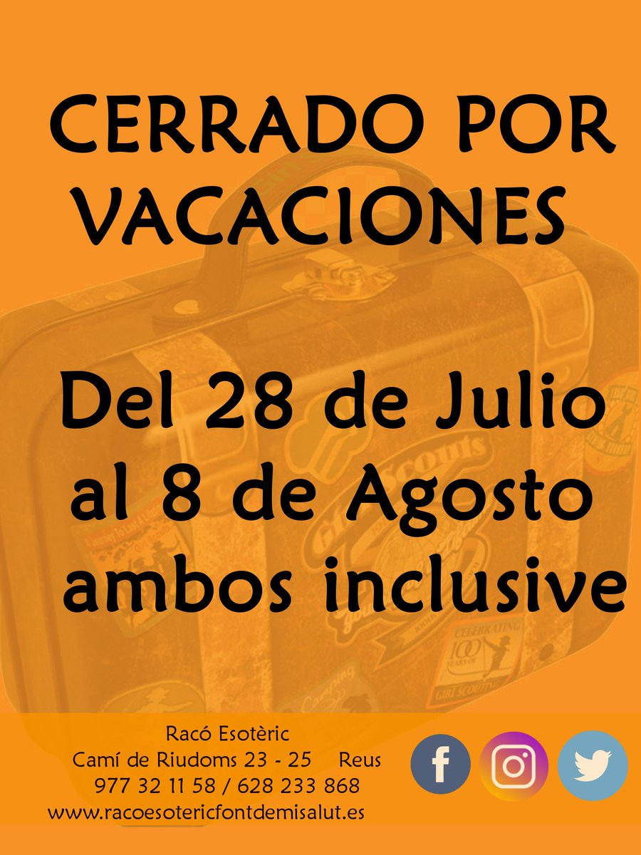 Raco_Esoteric's tweet photo. ⚠️ Os informamos de nuestras próximas vacaciones, del 28 de julio al 8 de agosto, ambos incluidos.

😜 Si quieres venir a comprar y te urge, ven antes del 29 de julio.

#RacoEsoteric #Reus #Vacaciones https://t.co/7Z874L5KpA