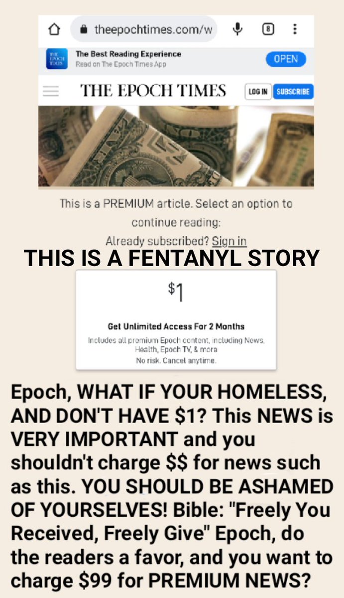 <a href="/EpochTimes/">The Epoch Times</a>
<a href="/jackphillips5/">Jack Phillips</a>

😡 THIS IS A FENTANYL STORY, IMPORTANT! AND YOU WANT TO CHARGE $1/$99 FOR PREMIUM STORIES?
Bible Mat 10:8 "freely ye received, freely give"
FREELY GIVE EPOCH!