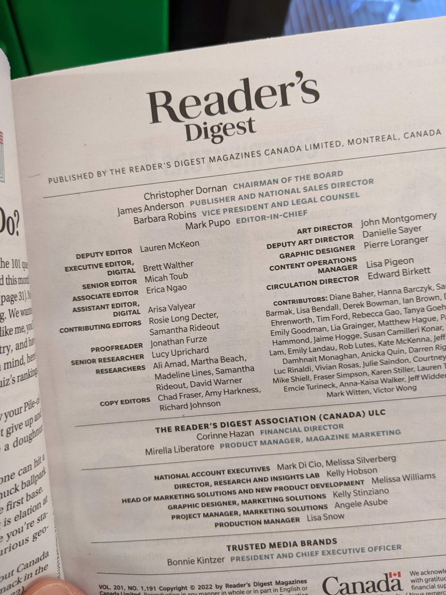 daviduu's tweet photo. I'm not sure if this is a moment most J-school grads look forward to, but I recently reached for a copy of Reader's Digest when I was at the grocery store and was thrilled to see my first official title as researcher in the masthead! https://t.co/pkRekbQoDa